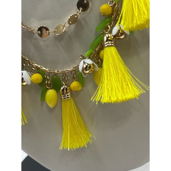Lilly Pulitzer Triple Strand Lemon Grove Yellow Tassel Green Leaves Necklace New - Picture 5 of 16
